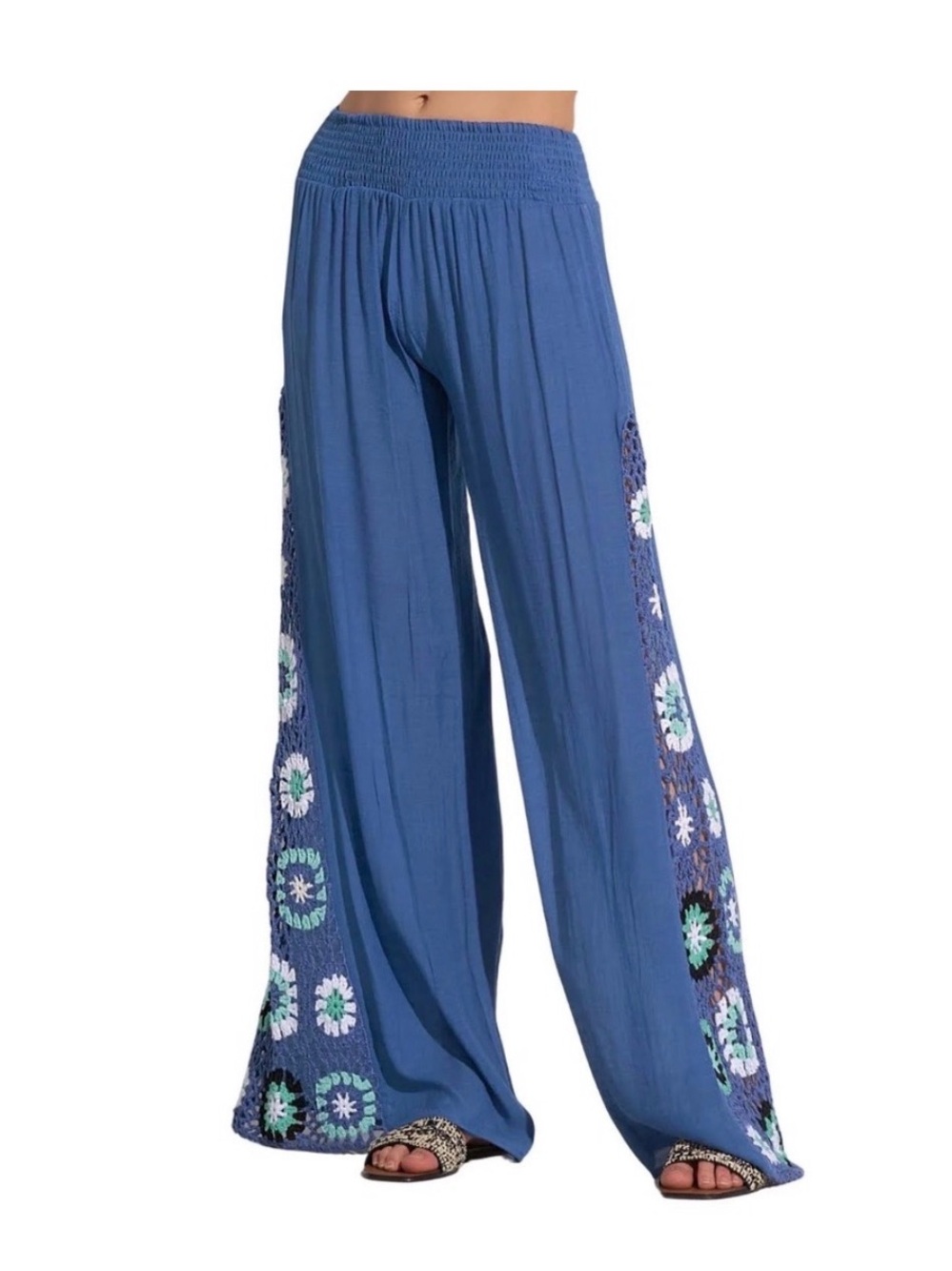 Elan Blue Wide-Leg Pants with Crochet Floral Side Insets